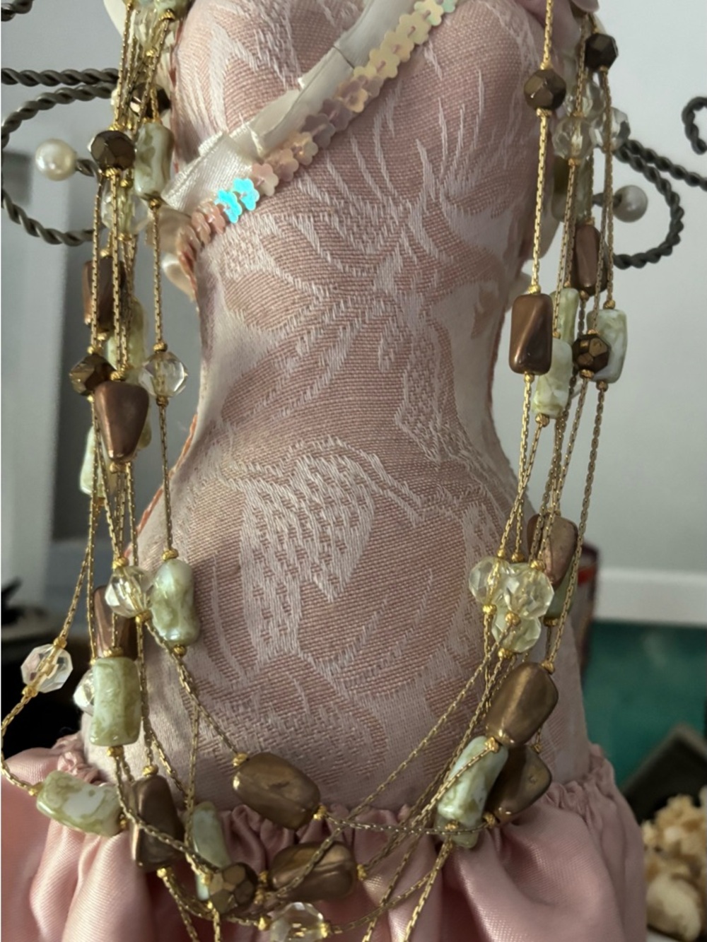 Multi Strand Gold Tone with Green / Gold Beads and Mother of Pearl Necklace